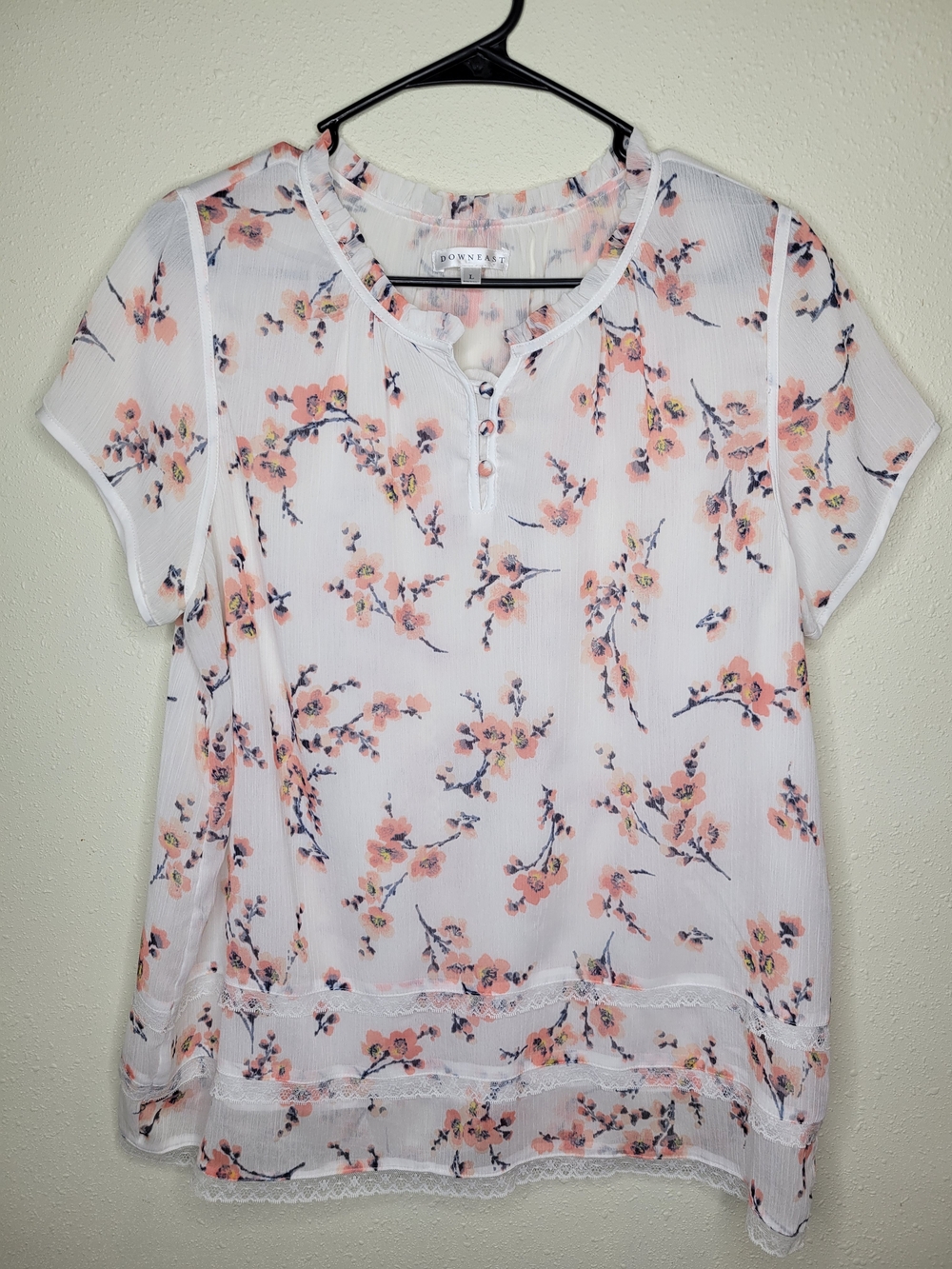 DownEast White Blouse with Peach Floral Print